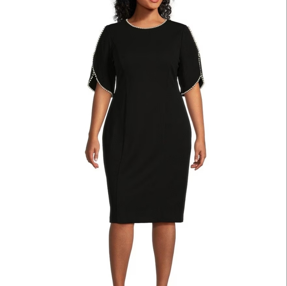Adrianna Papell Black Midi Dress with Pearl Details